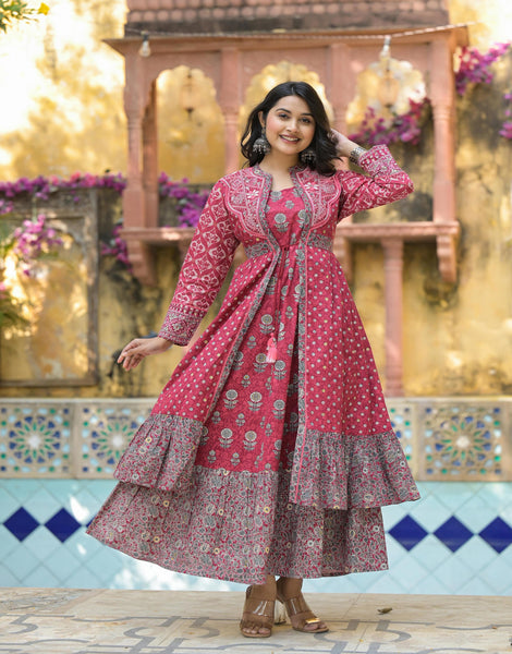 Juniper Maroon Floral Printed Cotton Long Dress With Shrug