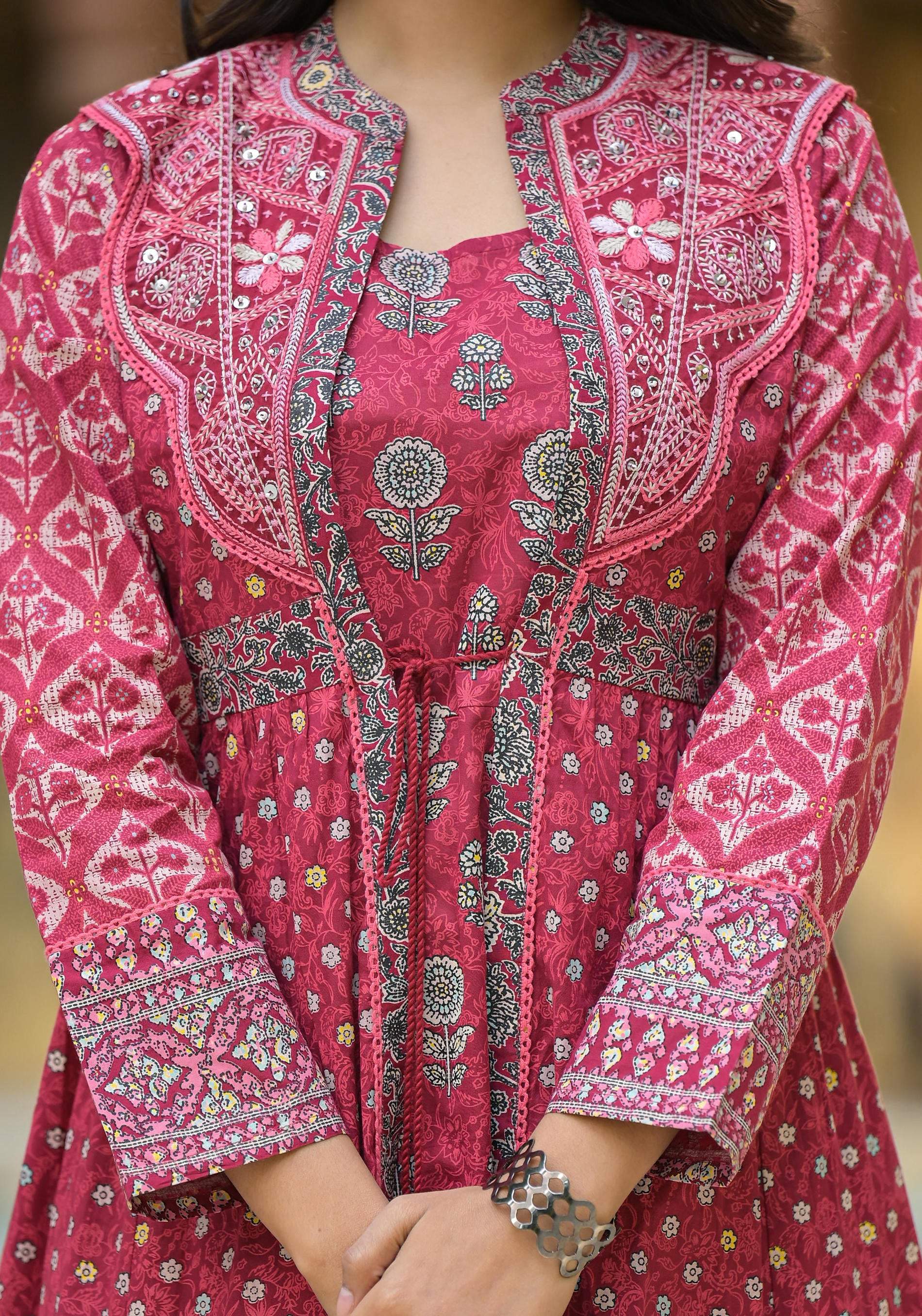 Juniper Maroon Floral Printed Cotton Long Dress With Shrug