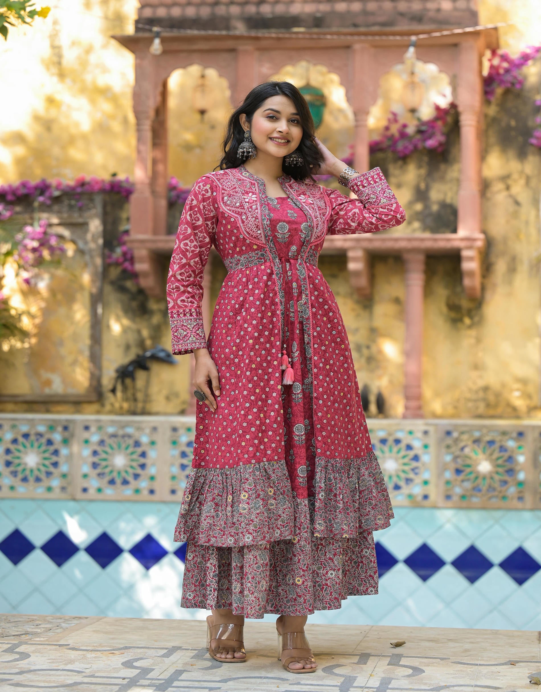 Juniper Maroon Floral Printed Cotton Long Dress With Shrug