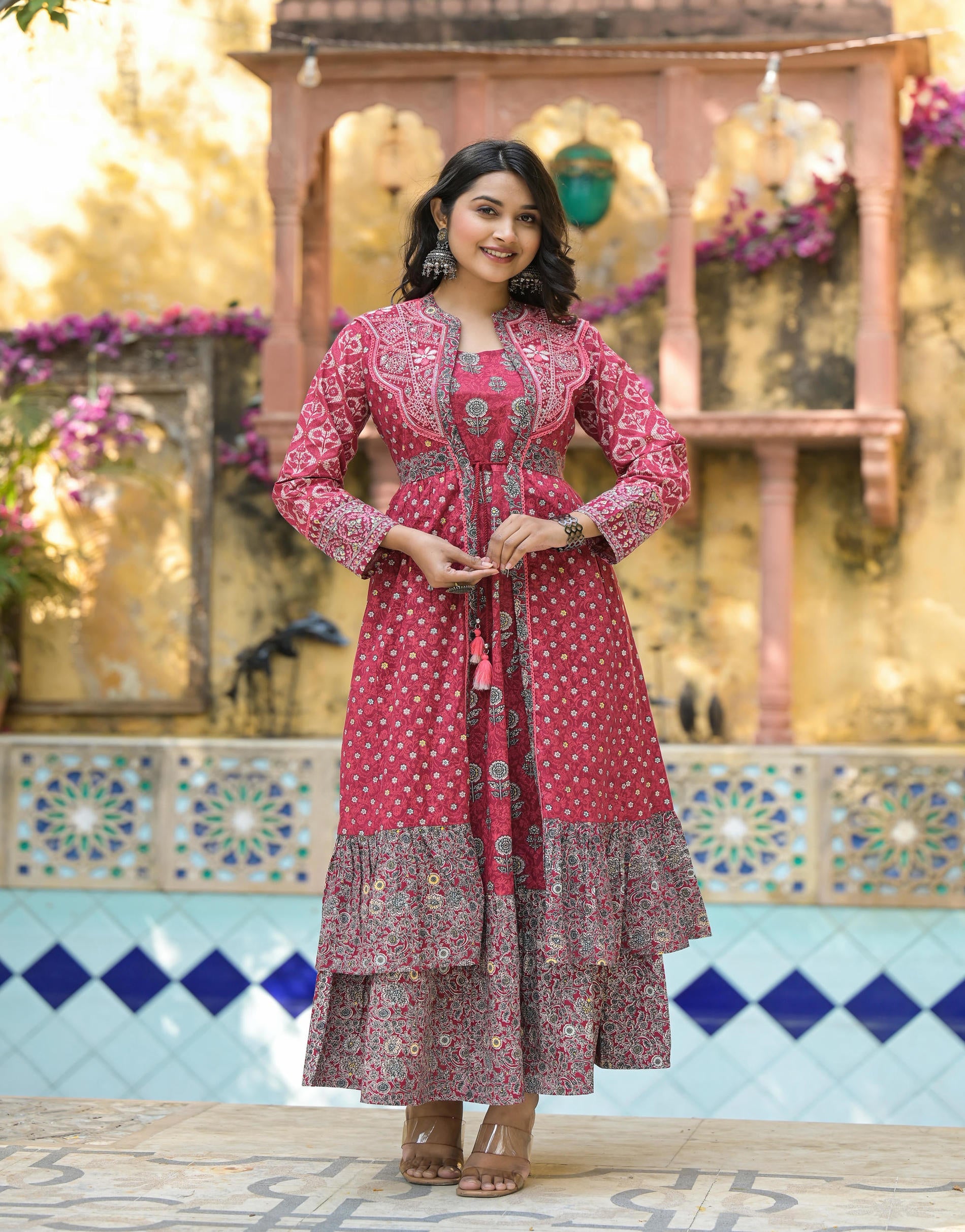 Juniper Maroon Floral Printed Cotton Long Dress With Shrug