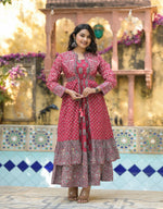 Thumbnail for Juniper Maroon Floral Printed Cotton Long Dress With Shrug