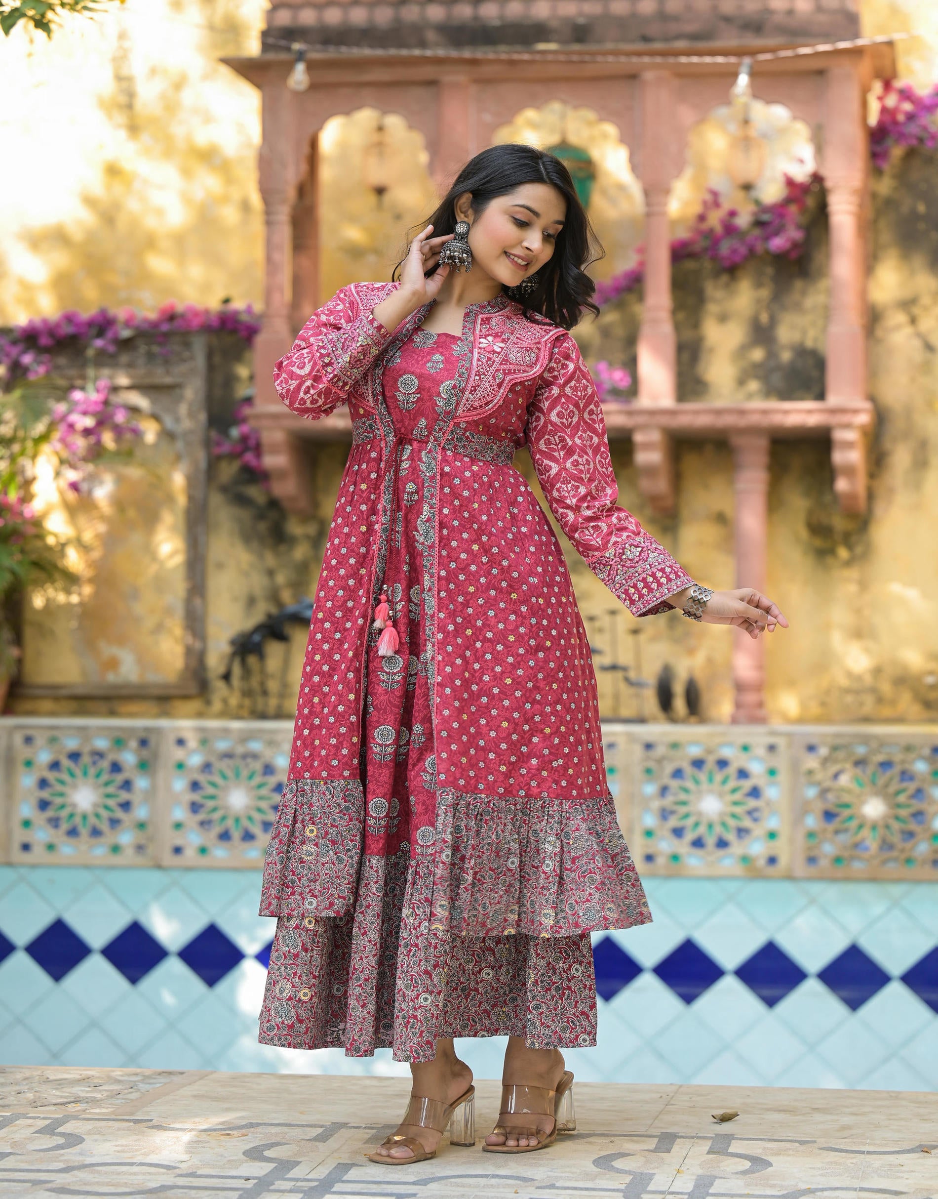 Juniper Maroon Floral Printed Cotton Long Dress With Shrug