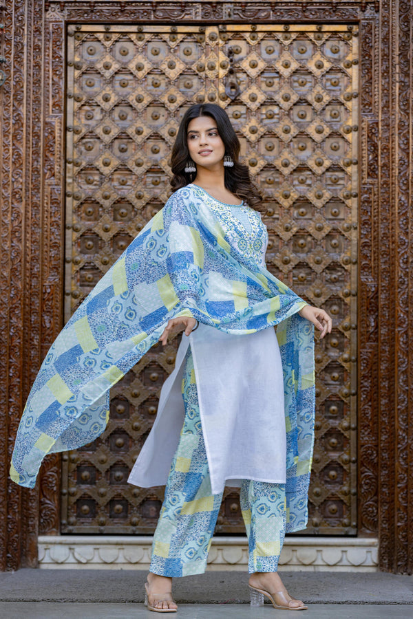 Juniper Blue Ethnic Printed Kurta Set with Dupatta