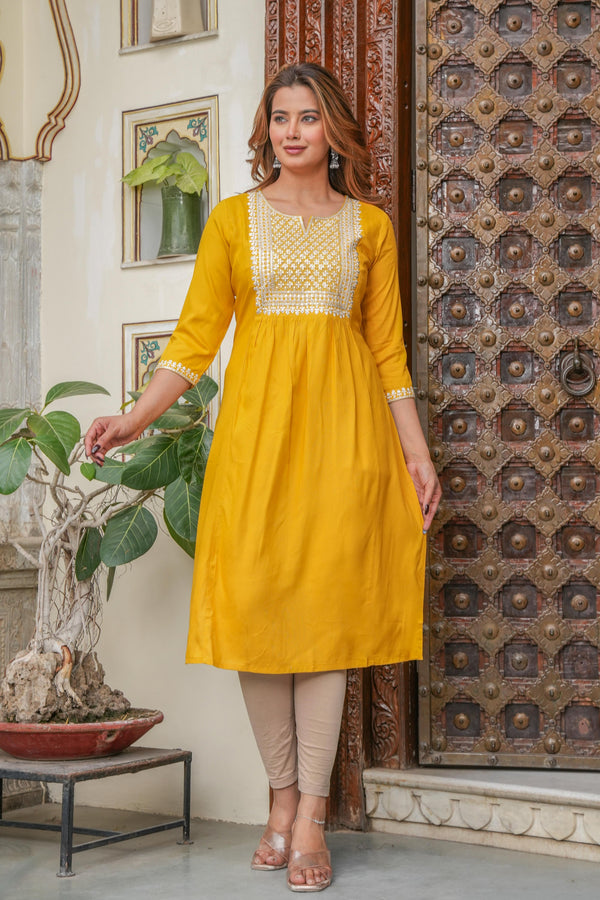Juniper Mustard Viscose Embroidered Kurta With Thread Work And Sequins - Distacart