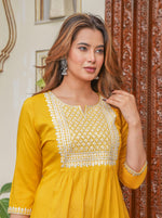 Thumbnail for Juniper Mustard Viscose Embroidered Kurta With Thread Work And Sequins - Distacart