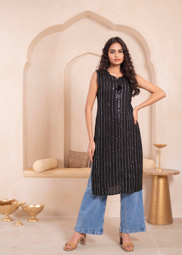 Juniper Black Geometric Embroidered Viscose Kurta with Mirror & Thread Work - Distacart