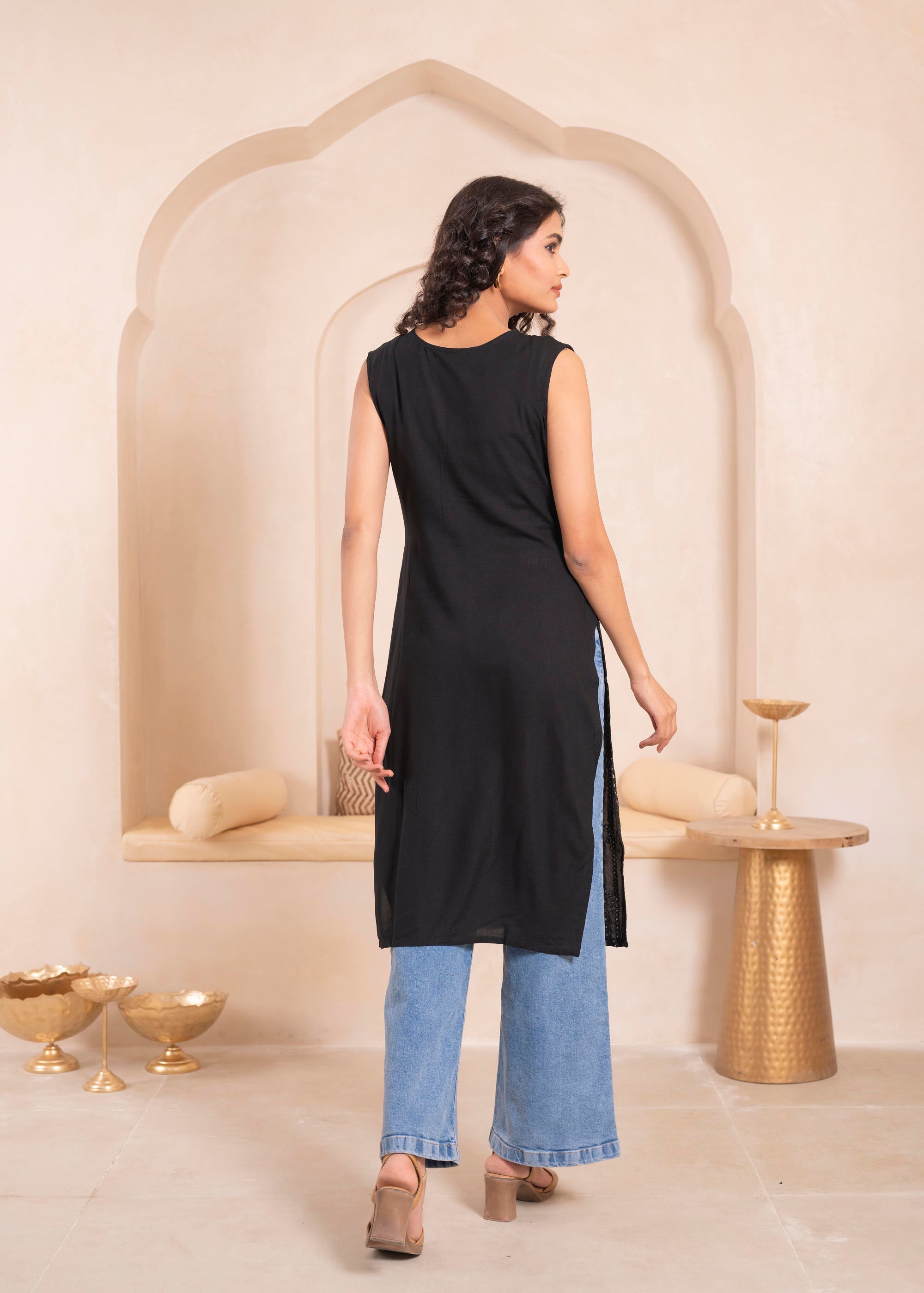 Juniper Black Geometric Embroidered Viscose Kurta with Mirror & Thread Work - Distacart