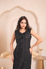 Thumbnail for Juniper Black Geometric Embroidered Viscose Kurta with Mirror & Thread Work - Distacart