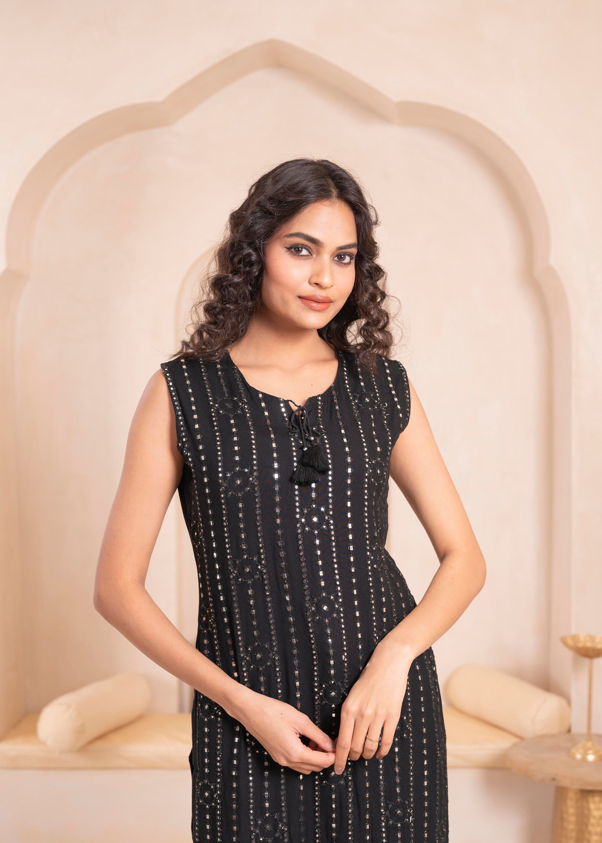 Juniper Black Geometric Embroidered Viscose Kurta with Mirror & Thread Work - Distacart