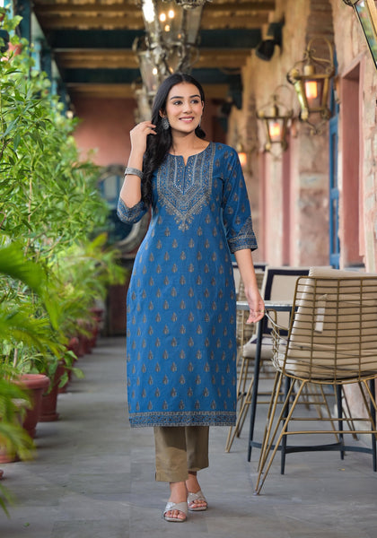 Juniper Women's Blue Ethnic Motif Printed Cotton Kurta - Distacart