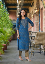 Thumbnail for Juniper Women's Blue Ethnic Motif Printed Cotton Kurta - Distacart