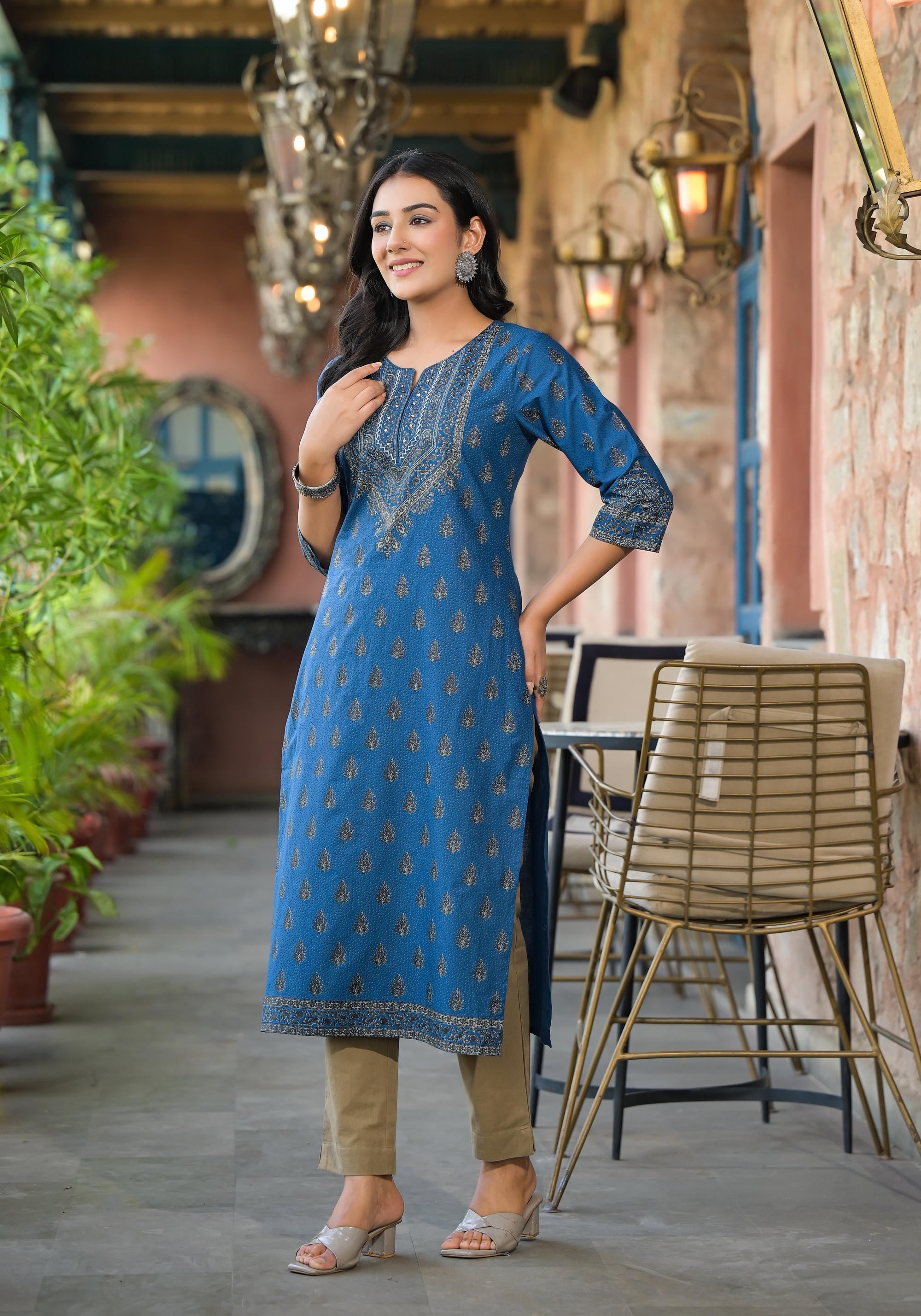 Juniper Women's Blue Ethnic Motif Printed Cotton Kurta - Distacart