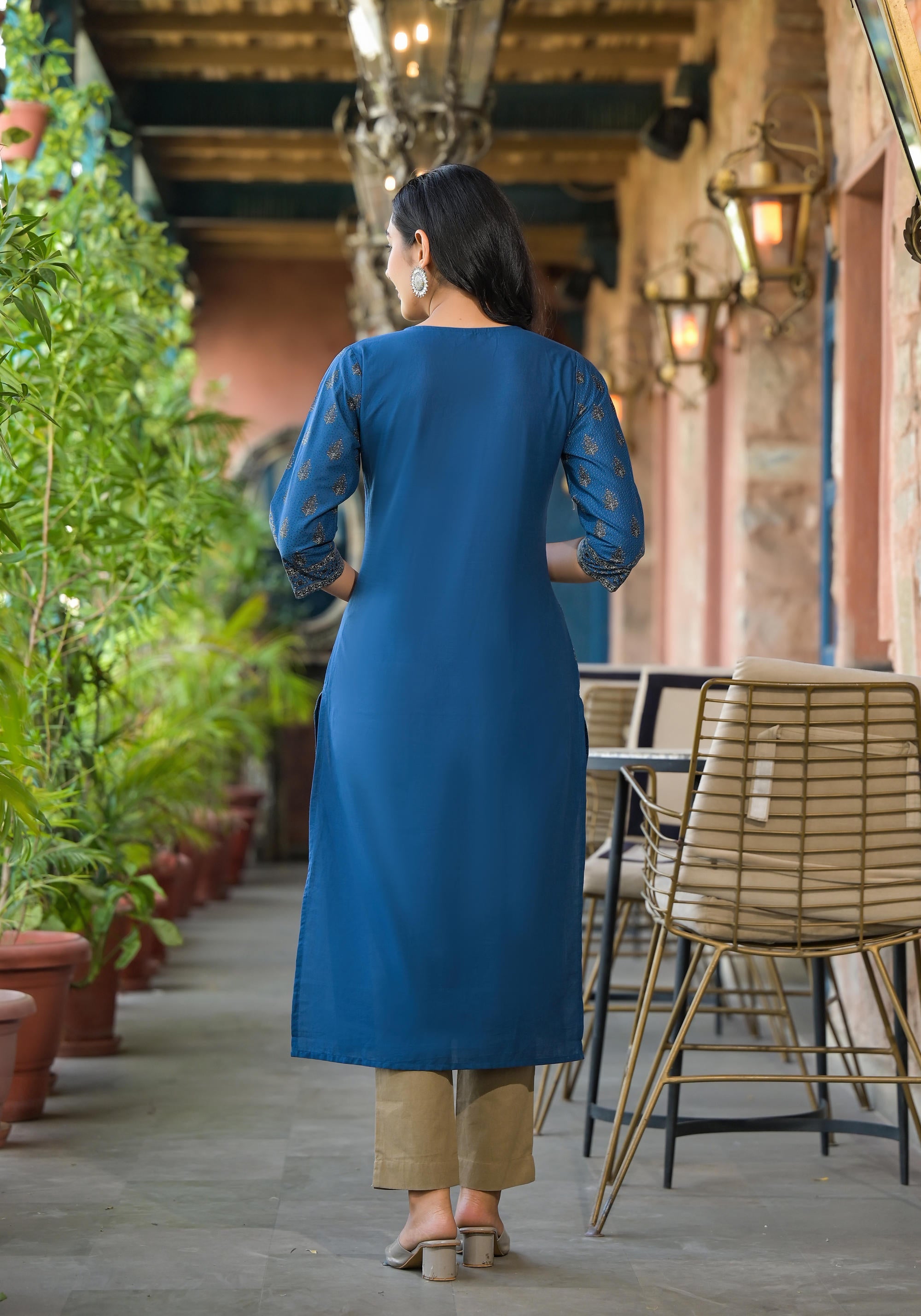 Juniper Women's Blue Ethnic Motif Printed Cotton Kurta - Distacart