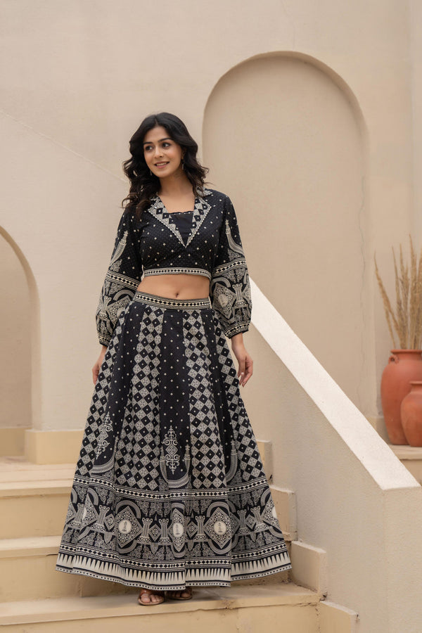Juniper Black & White Printed Lehenga Choli Set with Ethnic Motifs