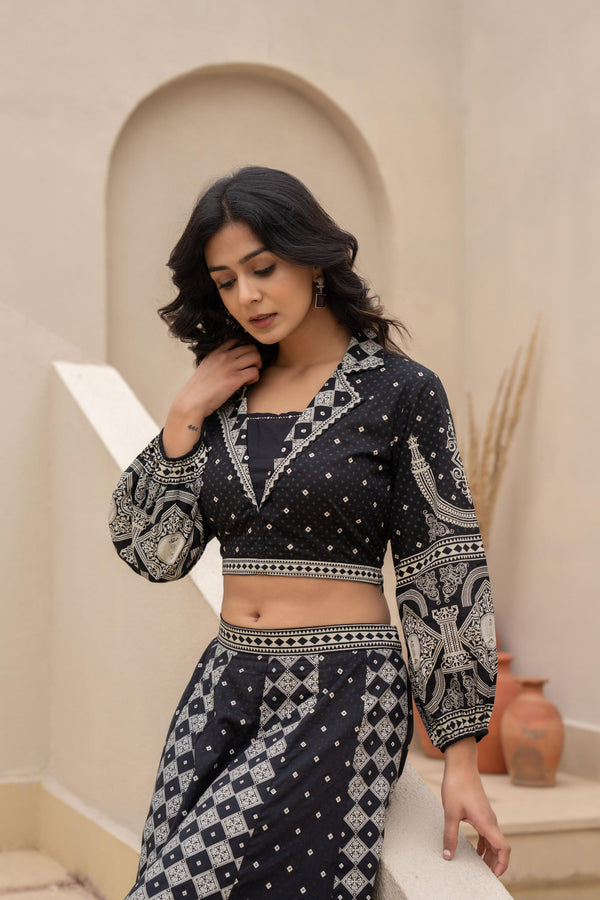 Juniper Black & White Printed Lehenga Choli Set with Ethnic Motifs