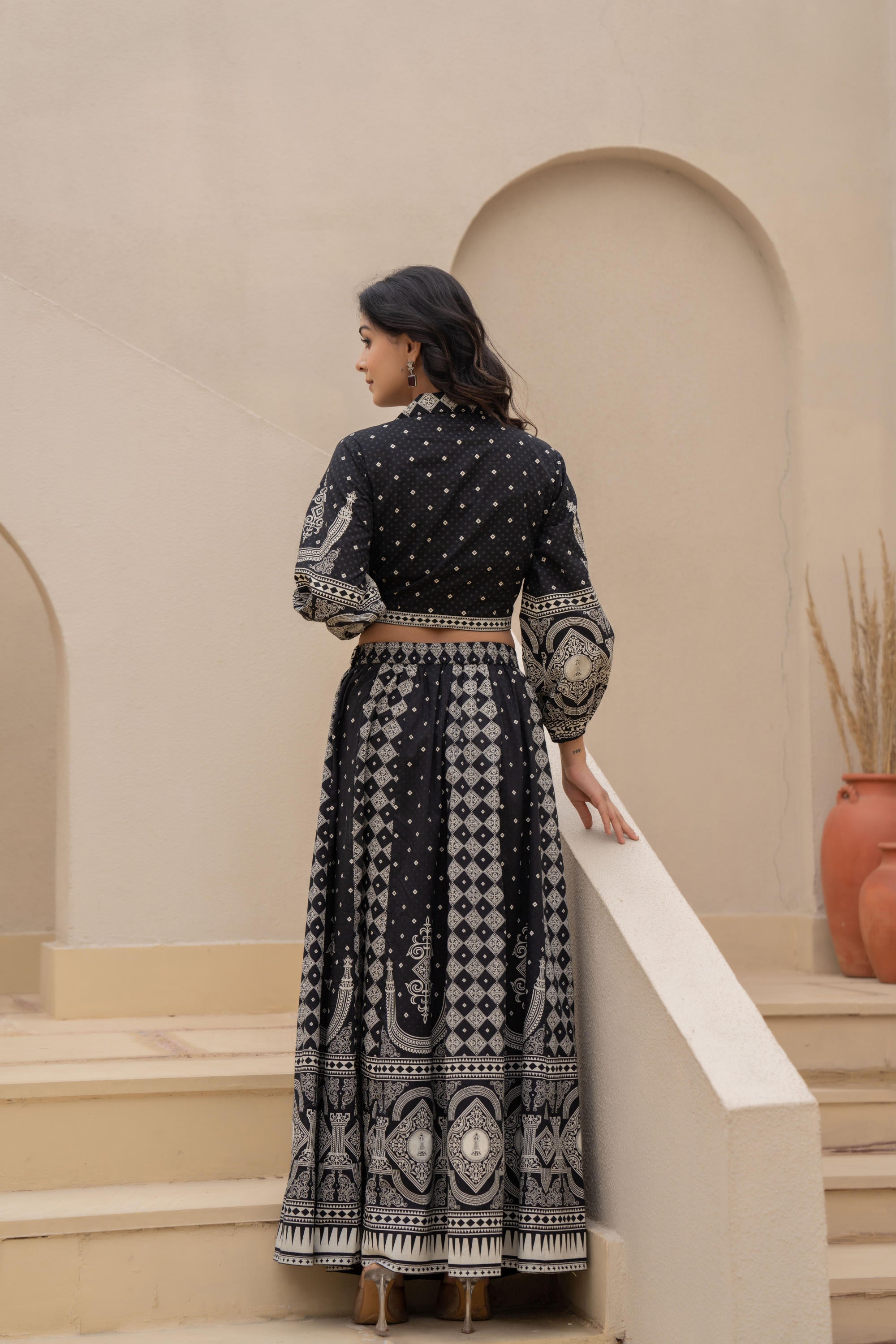 Juniper Black & White Printed Lehenga Choli Set with Ethnic Motifs