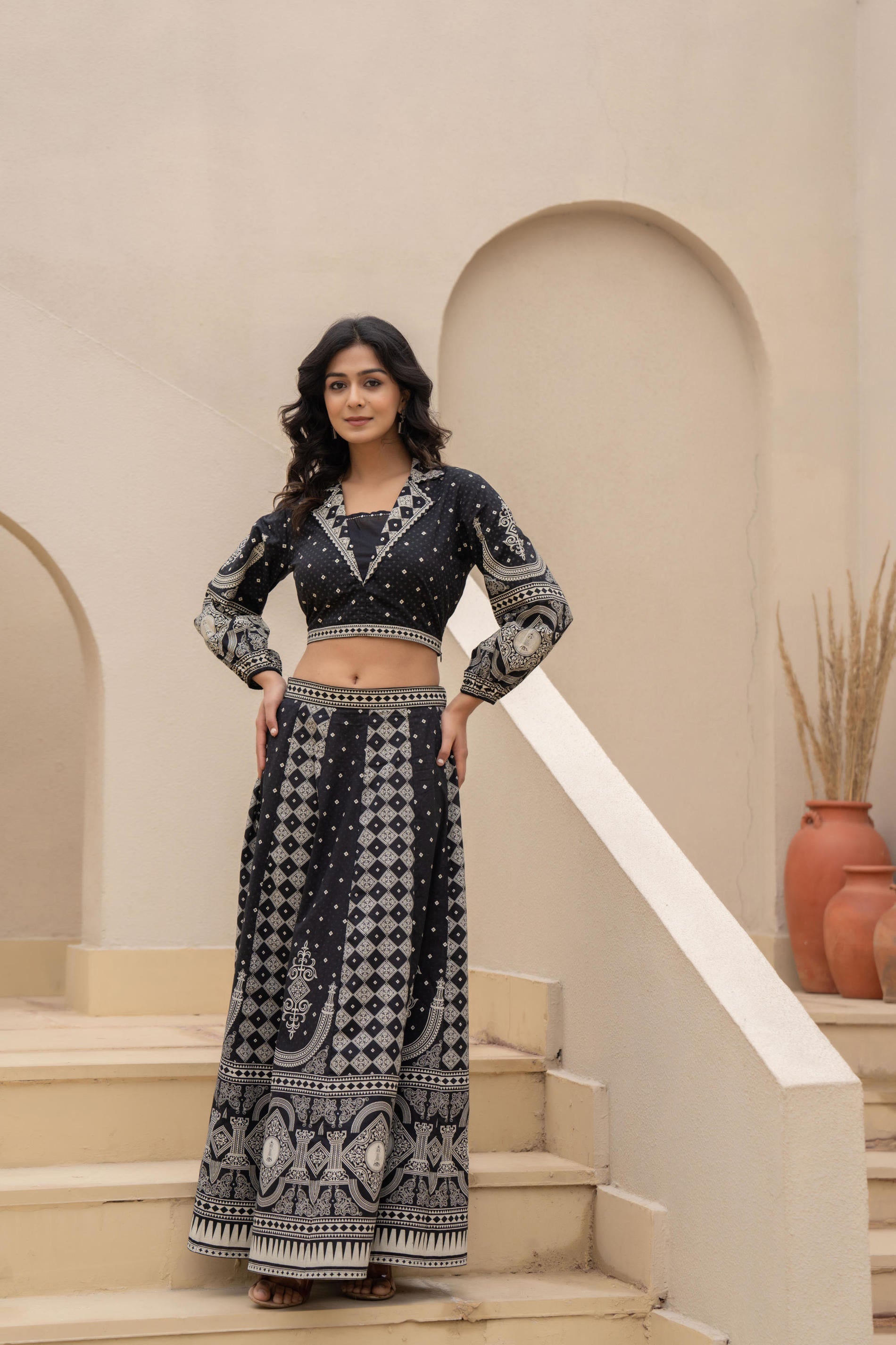 Juniper Black & White Printed Lehenga Choli Set with Ethnic Motifs