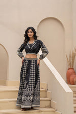 Thumbnail for Juniper Black & White Printed Lehenga Choli Set with Ethnic Motifs