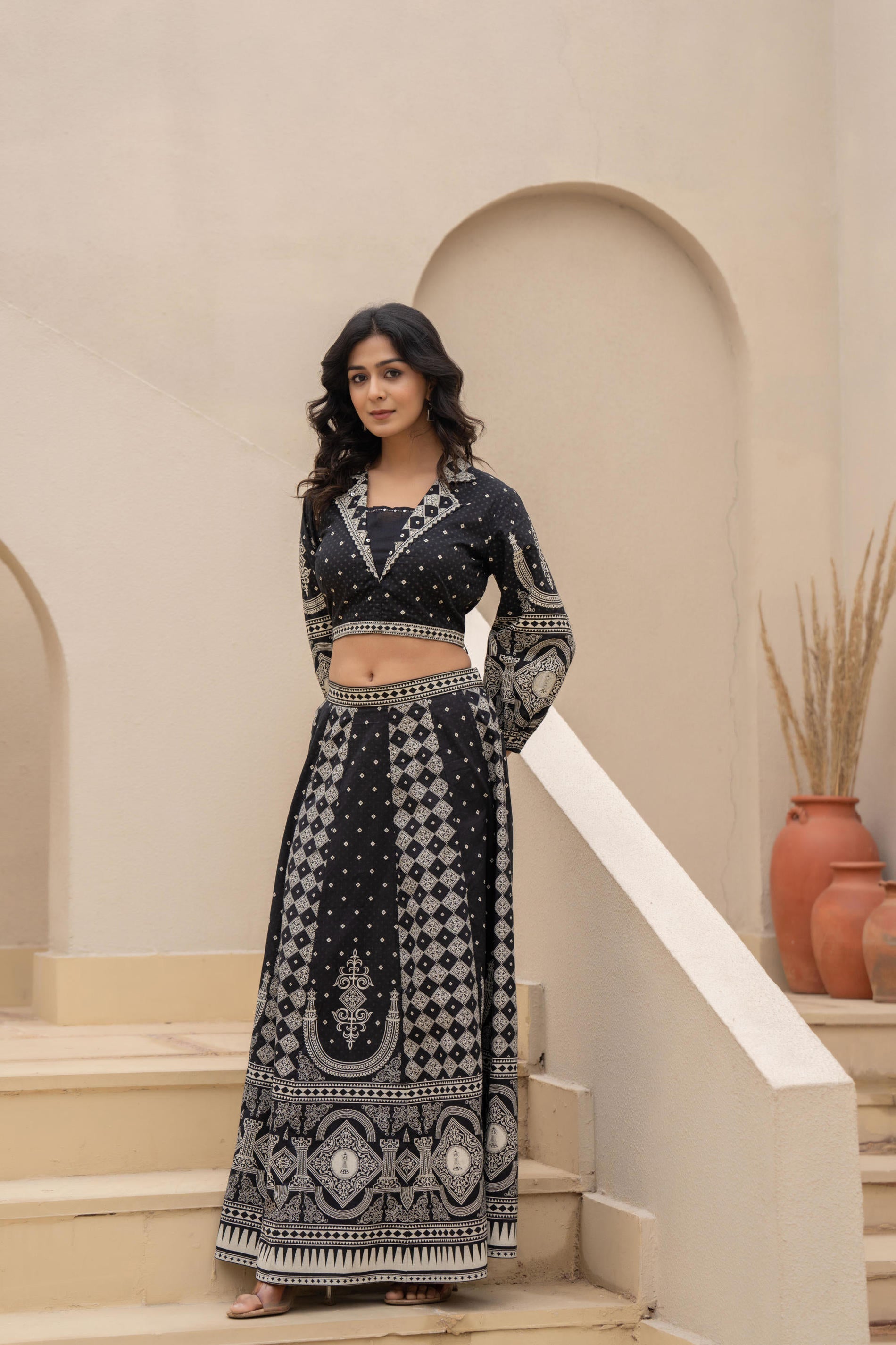 Juniper Black & White Printed Lehenga Choli Set with Ethnic Motifs