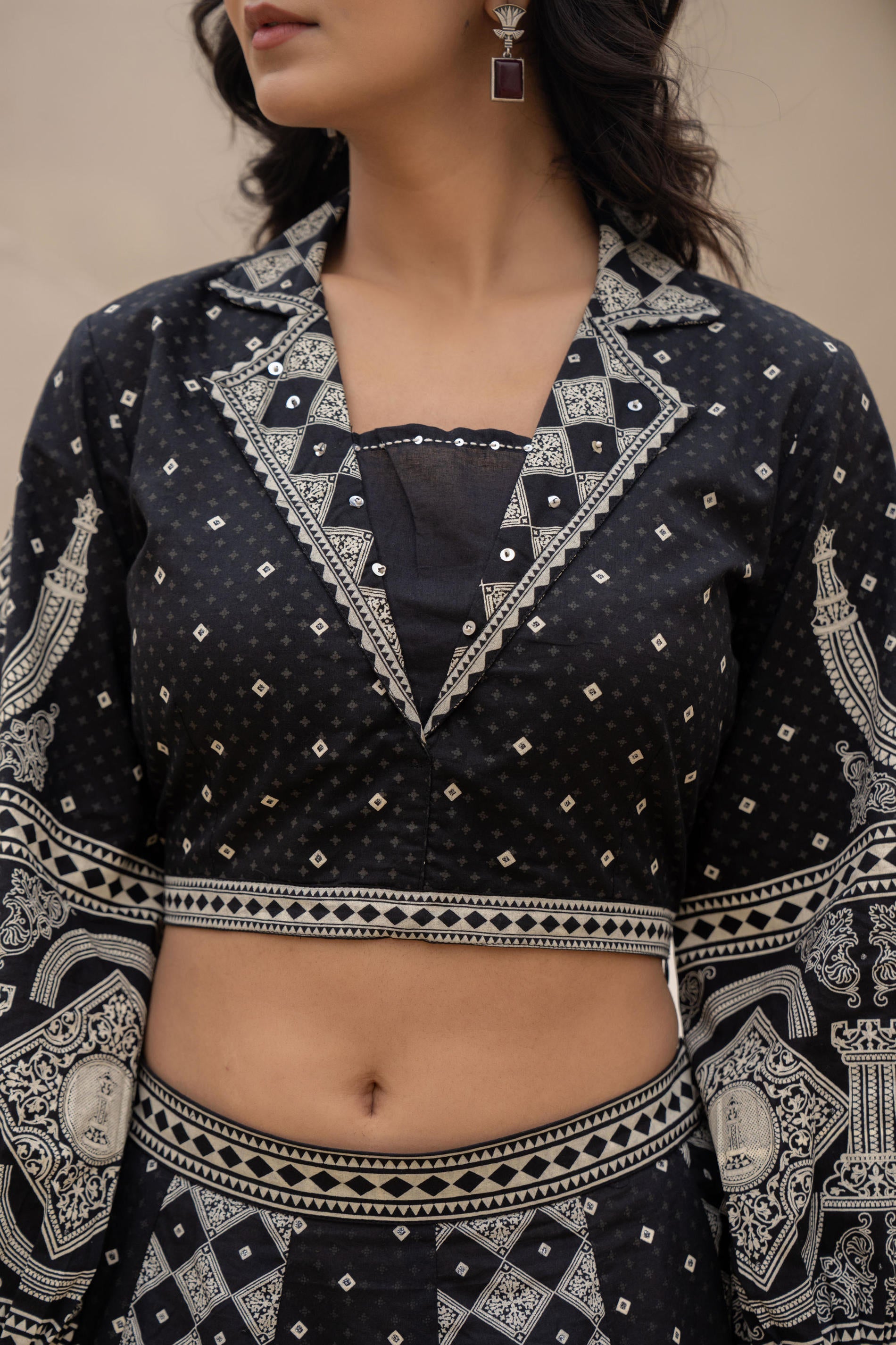 Juniper Black & White Printed Lehenga Choli Set with Ethnic Motifs