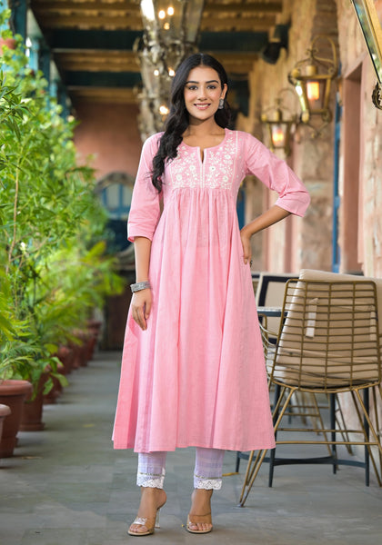 Juniper Women's Onion Pink Solid Cotton Kurta With Thread Embroidery - Distacart