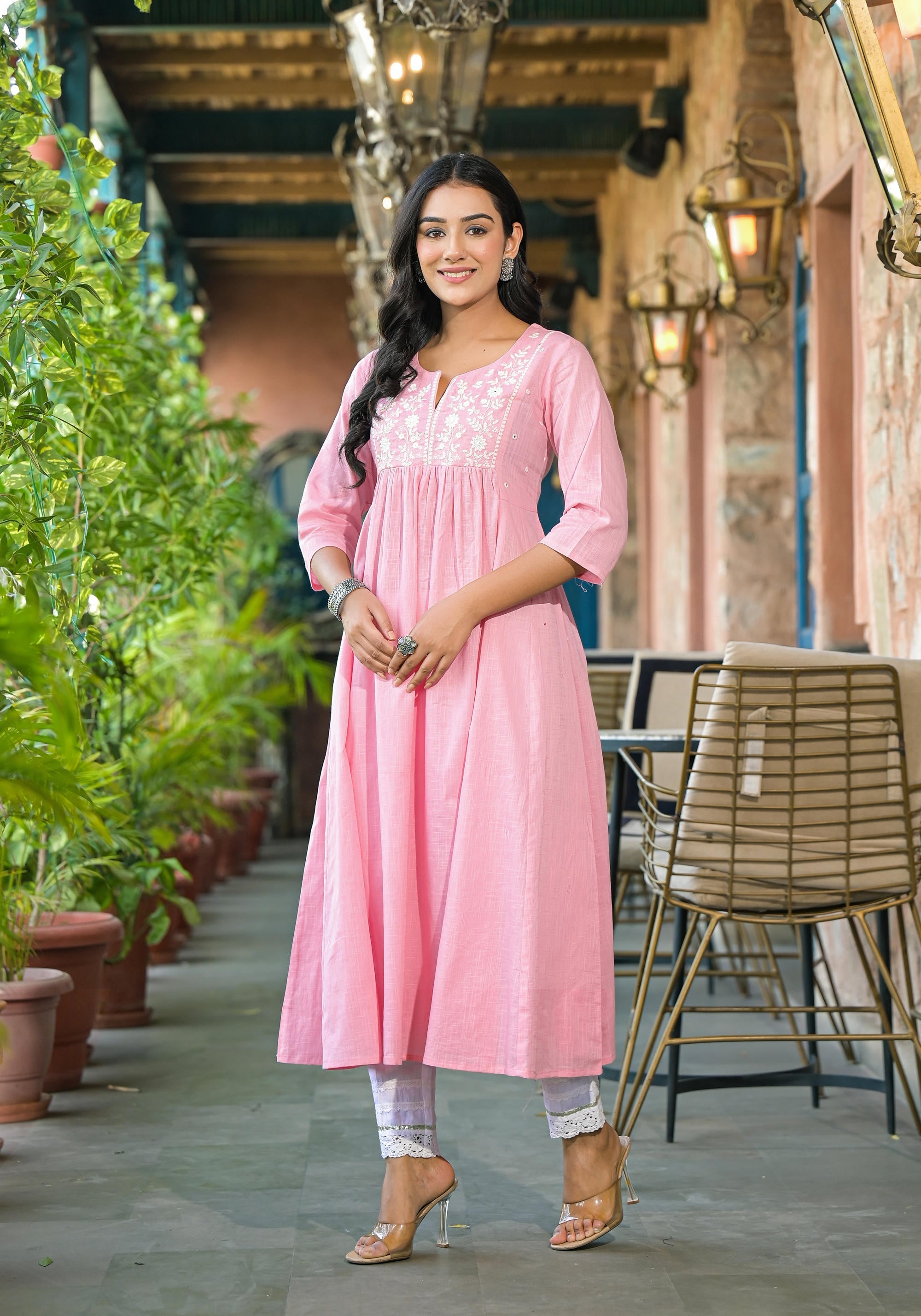 Juniper Women's Onion Pink Solid Cotton Kurta With Thread Embroidery - Distacart