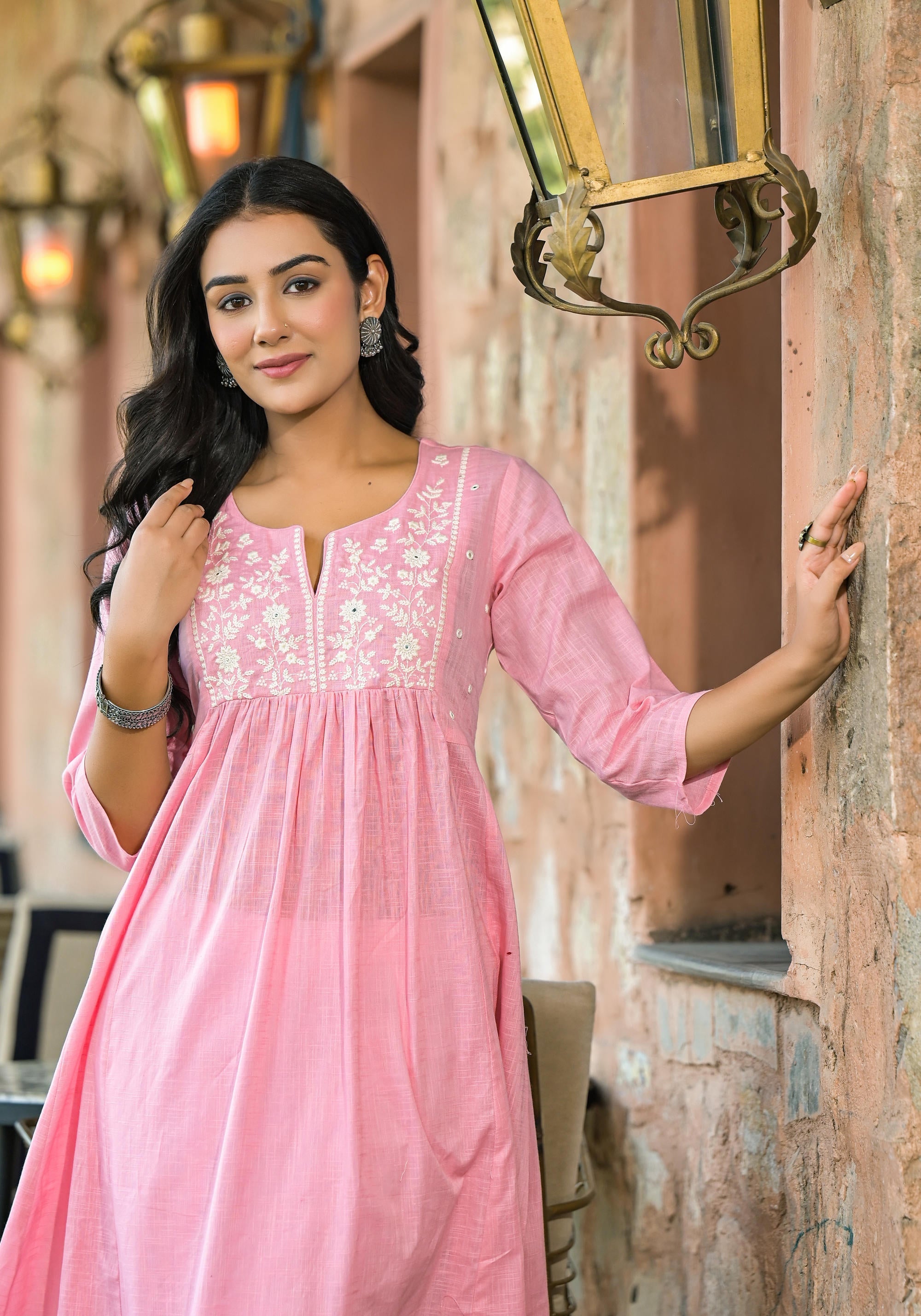 Juniper Women's Onion Pink Solid Cotton Kurta With Thread Embroidery - Distacart