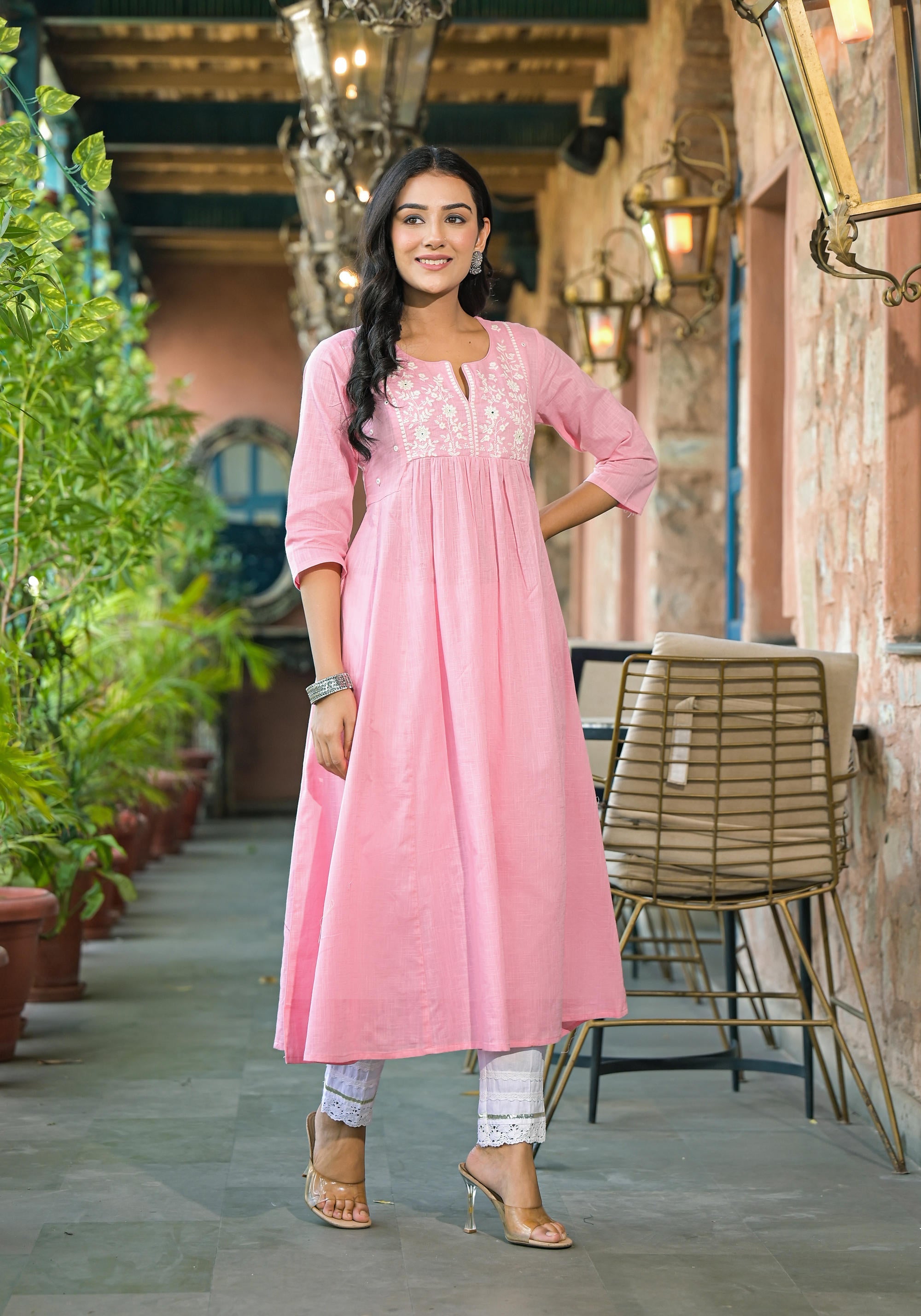 Juniper Women's Onion Pink Solid Cotton Kurta With Thread Embroidery - Distacart