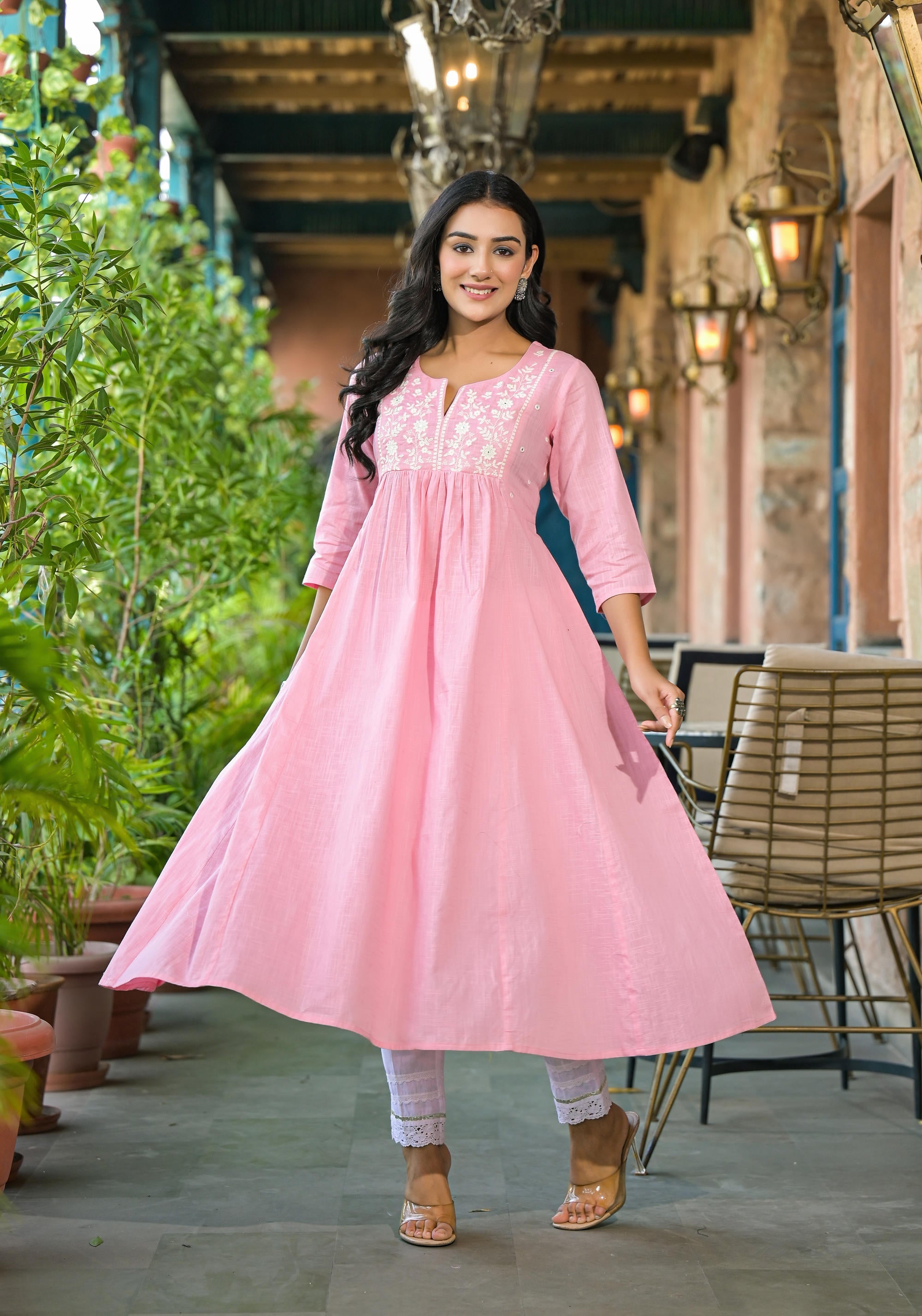 Juniper Women's Onion Pink Solid Cotton Kurta With Thread Embroidery - Distacart