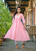 Thumbnail for Juniper Women's Onion Pink Solid Cotton Kurta With Thread Embroidery - Distacart