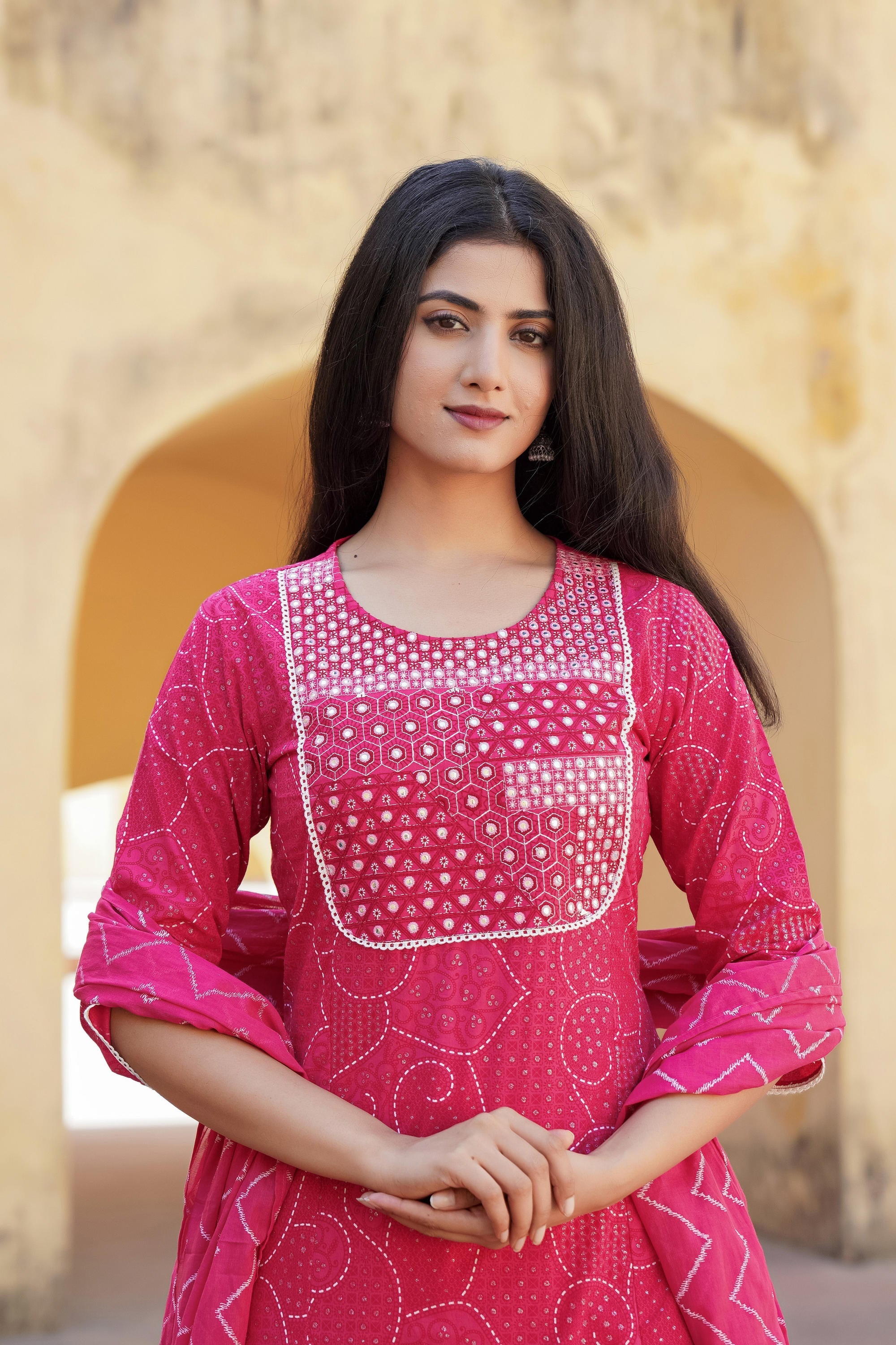 Juniper Fuchsia Ethnic Motif Printed Cotton Kurta Pant And Dupatta Set With Mirror & Thread Work - Distacart