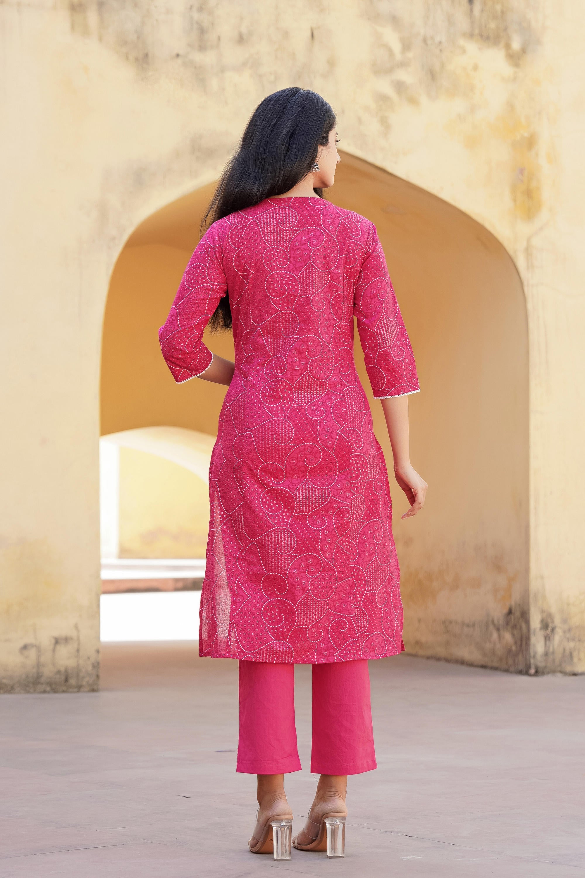 Juniper Fuchsia Ethnic Motif Printed Cotton Kurta Pant And Dupatta Set With Mirror & Thread Work - Distacart