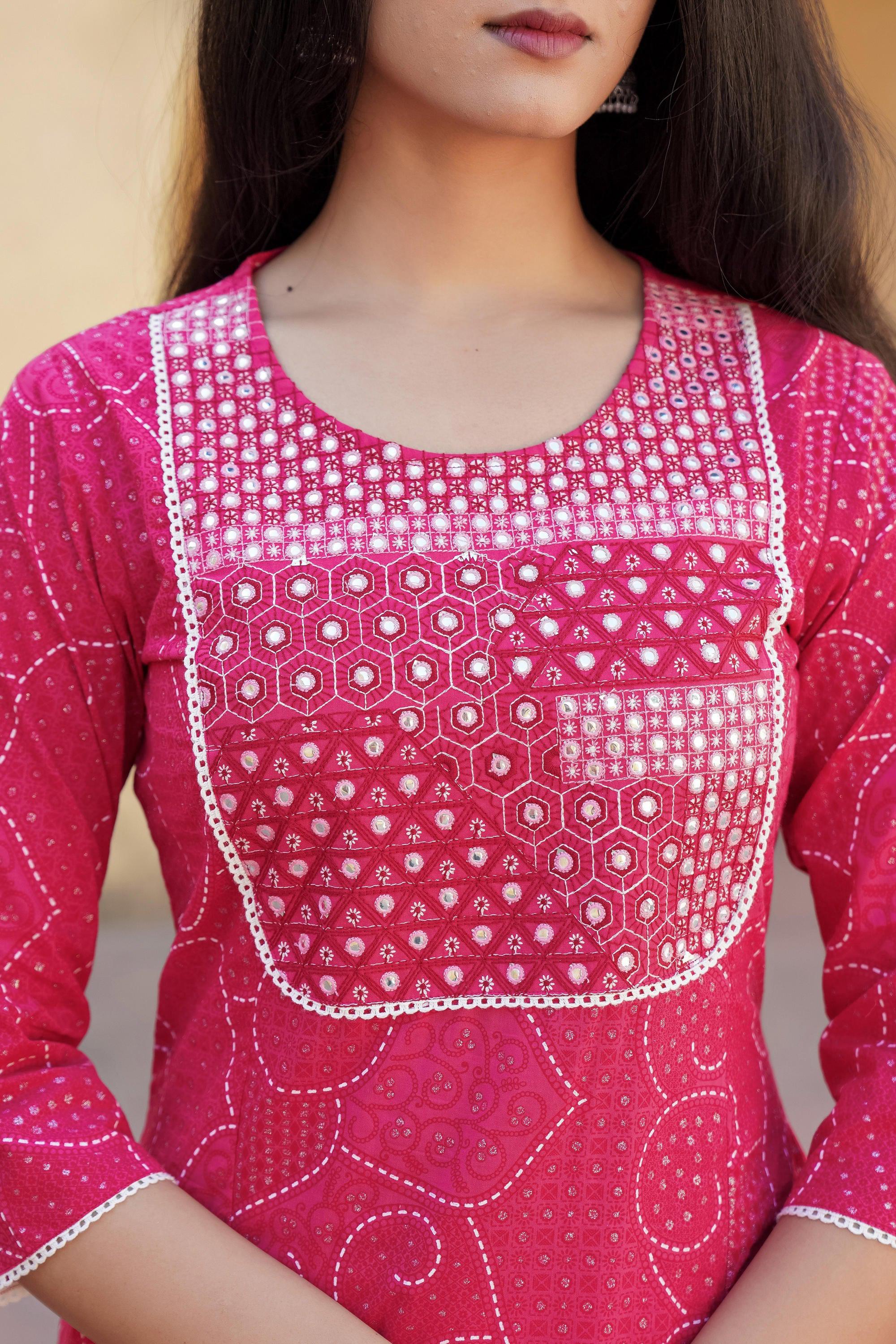 Juniper Fuchsia Ethnic Motif Printed Cotton Kurta Pant And Dupatta Set With Mirror & Thread Work - Distacart