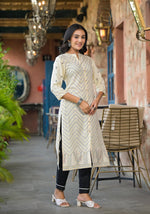 Thumbnail for Juniper Women's Ivory Ethnic Motif Printed Viscose Kurta With Button Closure - Distacart