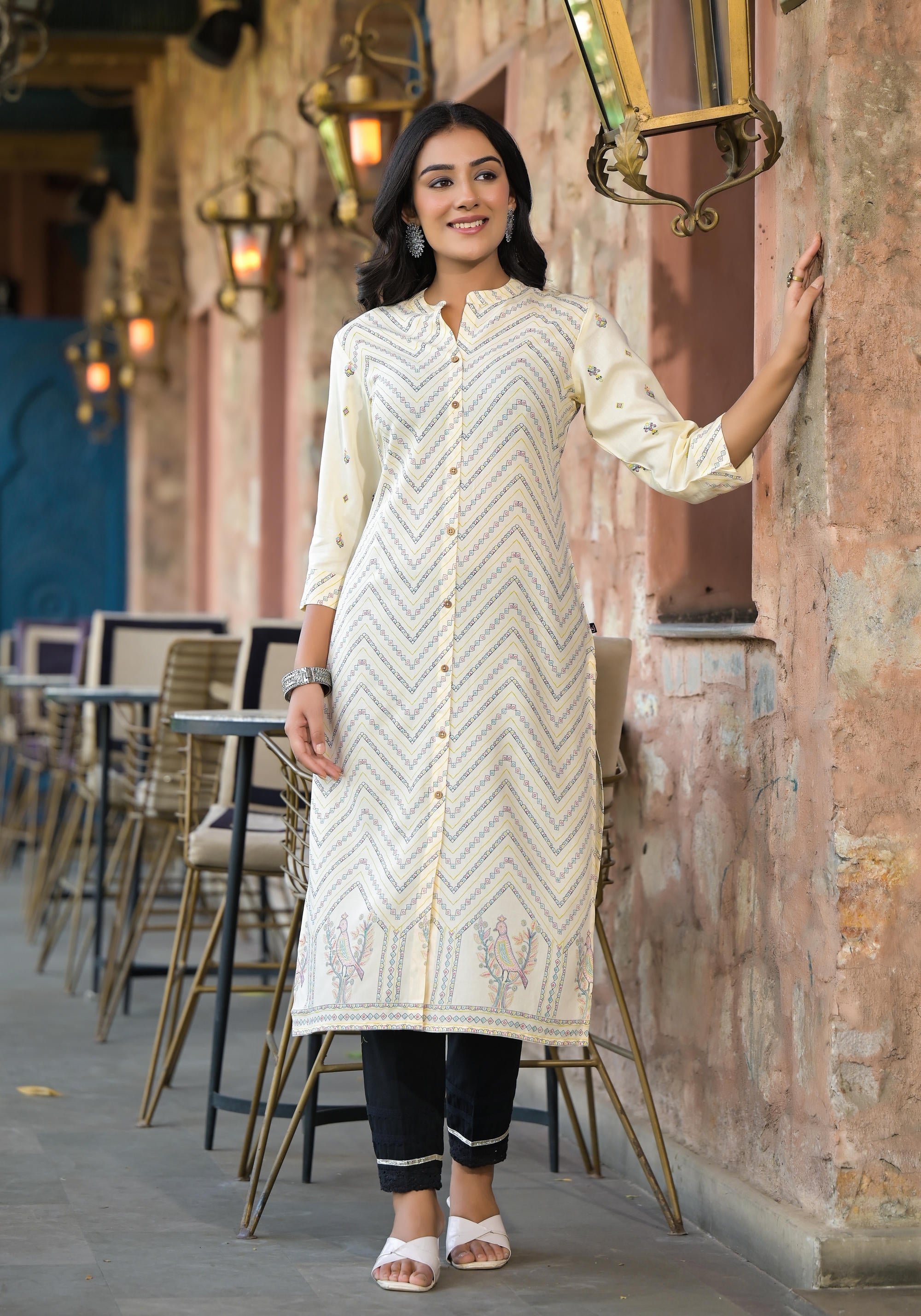 Juniper Women's Ivory Ethnic Motif Printed Viscose Kurta With Button Closure - Distacart