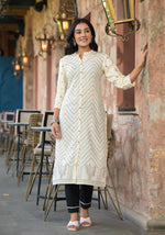 Thumbnail for Juniper Women's Ivory Ethnic Motif Printed Viscose Kurta With Button Closure - Distacart