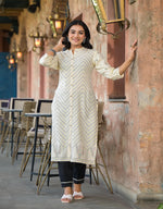 Thumbnail for Juniper Women's Ivory Ethnic Motif Printed Viscose Kurta With Button Closure - Distacart