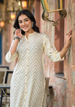 Thumbnail for Juniper Women's Ivory Ethnic Motif Printed Viscose Kurta With Button Closure - Distacart