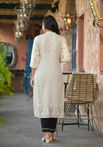 Thumbnail for Juniper Women's Ivory Ethnic Motif Printed Viscose Kurta With Button Closure - Distacart