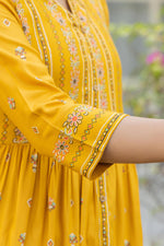 Thumbnail for Juniper Women's Mustard Floral Printed Cotton Kurta With Thread Work & Lace - Distacart