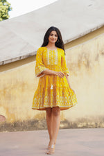 Thumbnail for Juniper Women's Mustard Ethnic Motif Printed Viscose Short Dress With Doris & Tassels - Distacart