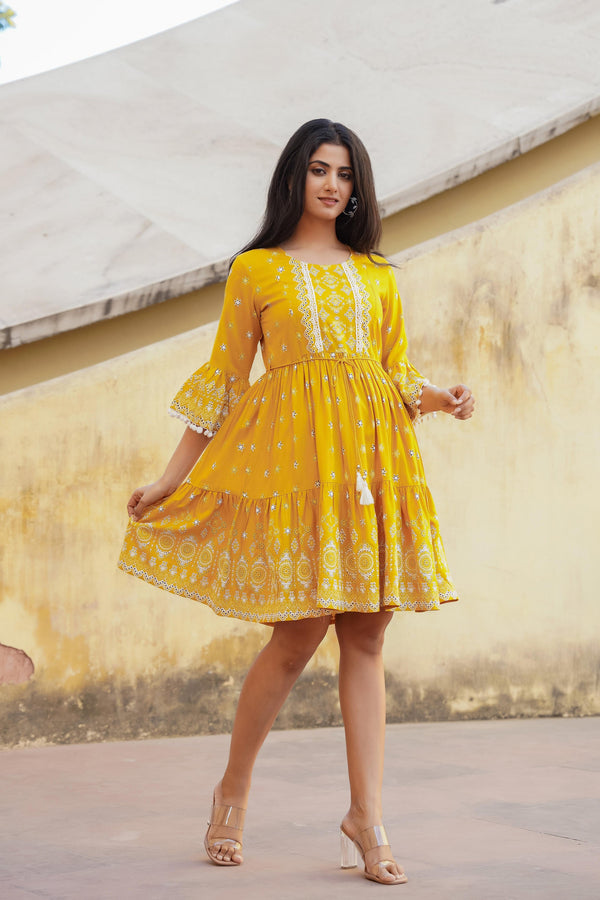 Juniper Women's Mustard Ethnic Motif Printed Viscose Short Dress With Doris & Tassels - Distacart