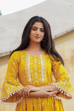 Thumbnail for Juniper Women's Mustard Ethnic Motif Printed Viscose Short Dress With Doris & Tassels - Distacart