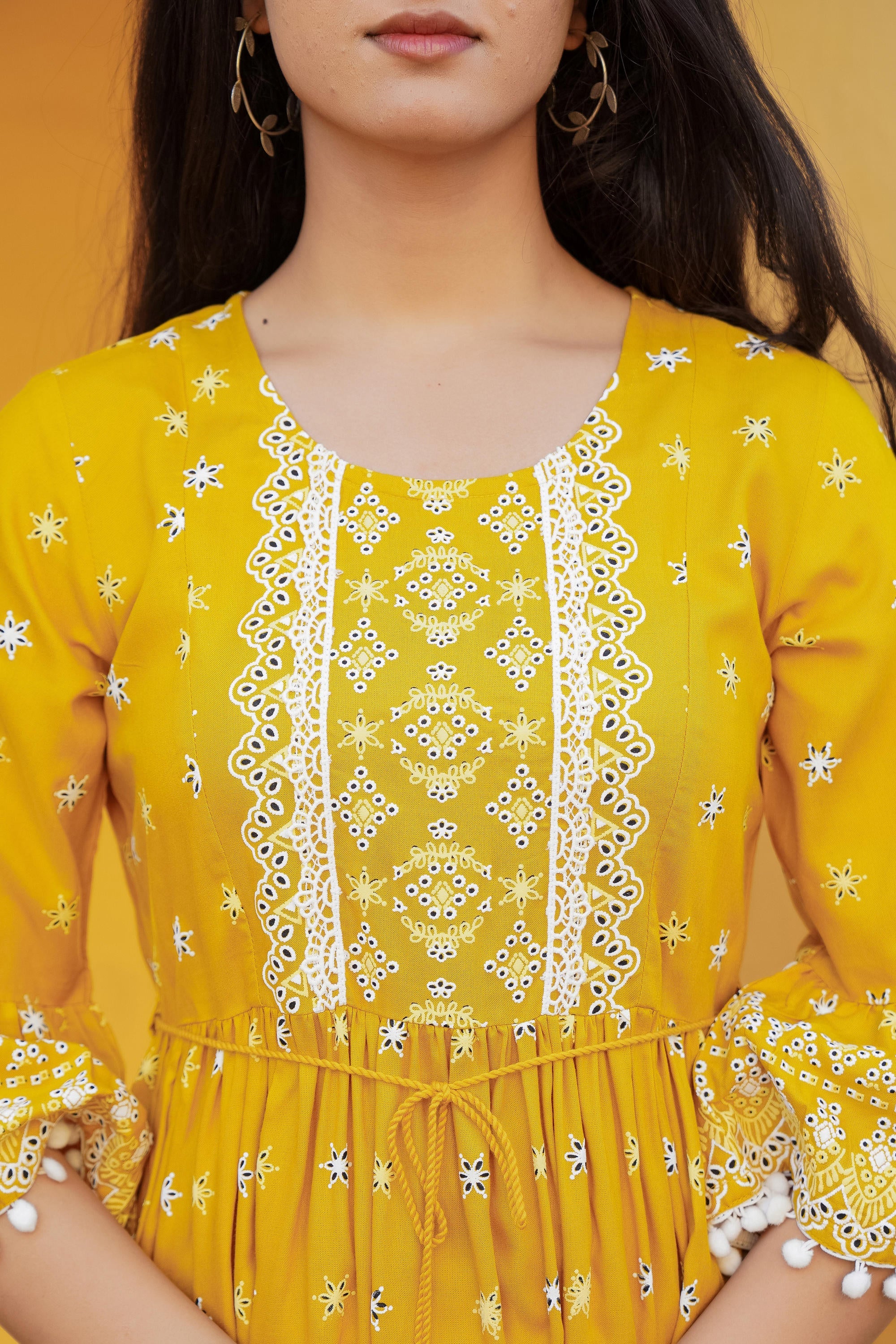 Juniper Women's Mustard Ethnic Motif Printed Viscose Short Dress With Doris & Tassels - Distacart