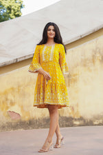 Thumbnail for Juniper Women's Mustard Ethnic Motif Printed Viscose Short Dress With Doris & Tassels - Distacart