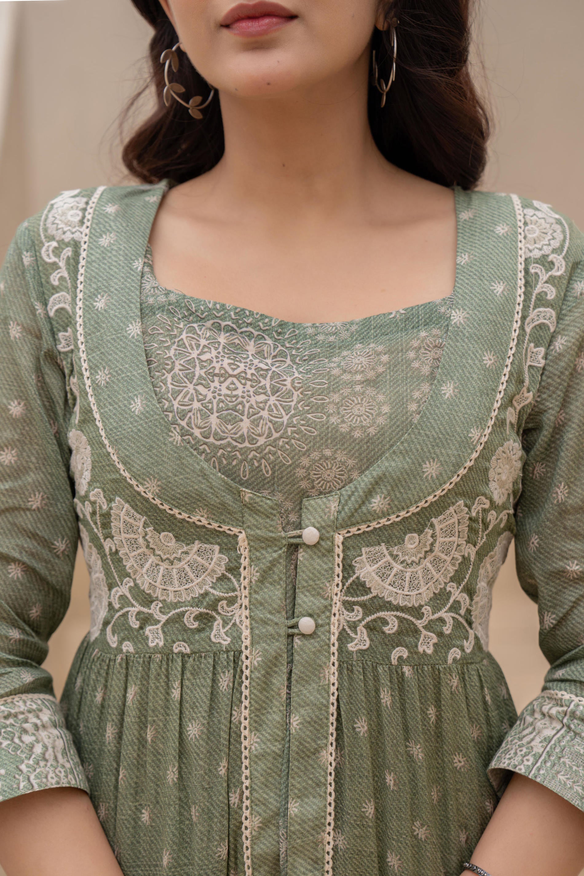 Juniper Sage Green Embroidered Flared Maxi Dress with Inner Slip and Button-Down Detailing