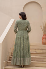 Thumbnail for Juniper Sage Green Embroidered Flared Maxi Dress with Inner Slip and Button-Down Detailing