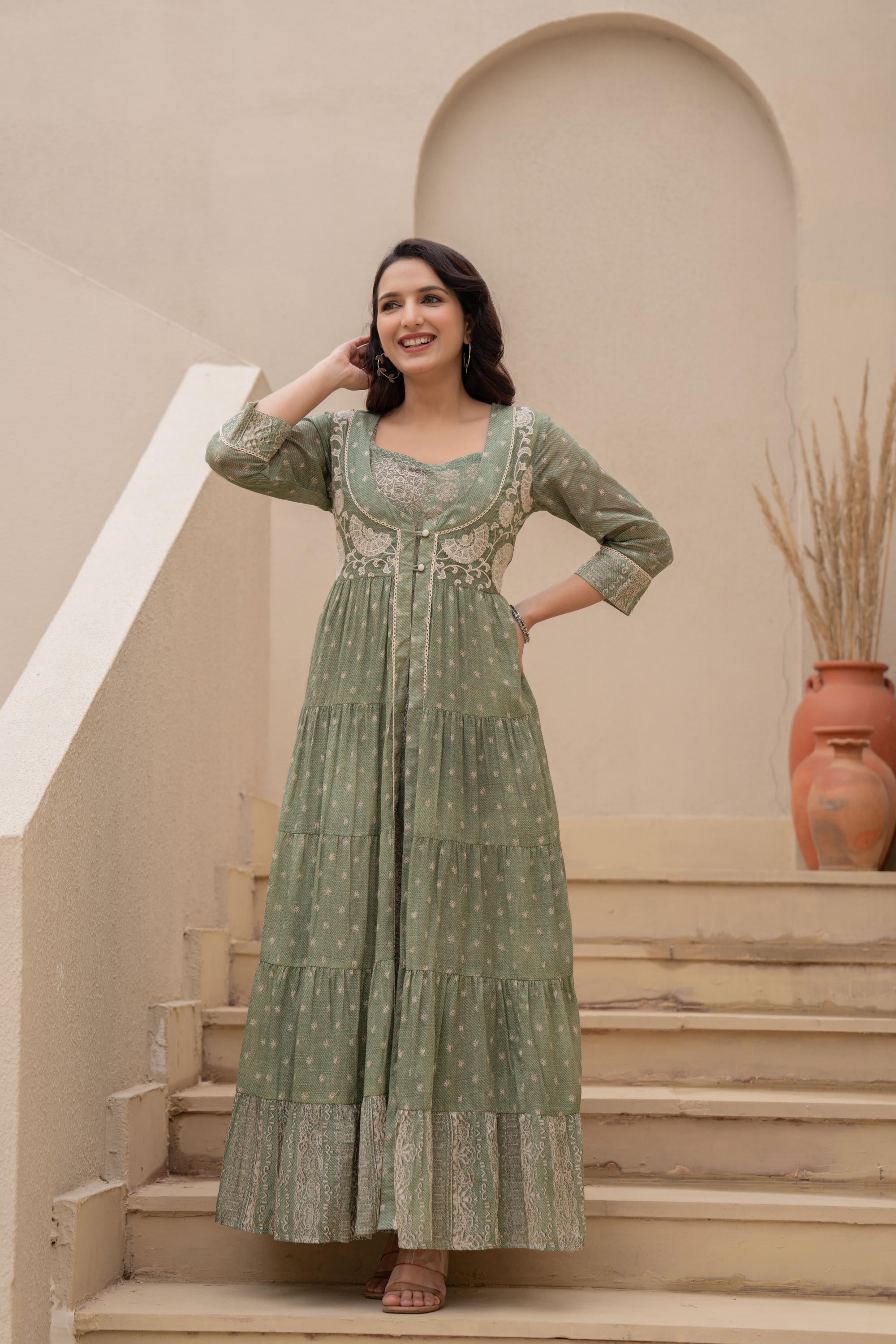 Juniper Sage Green Embroidered Flared Maxi Dress with Inner Slip and Button-Down Detailing