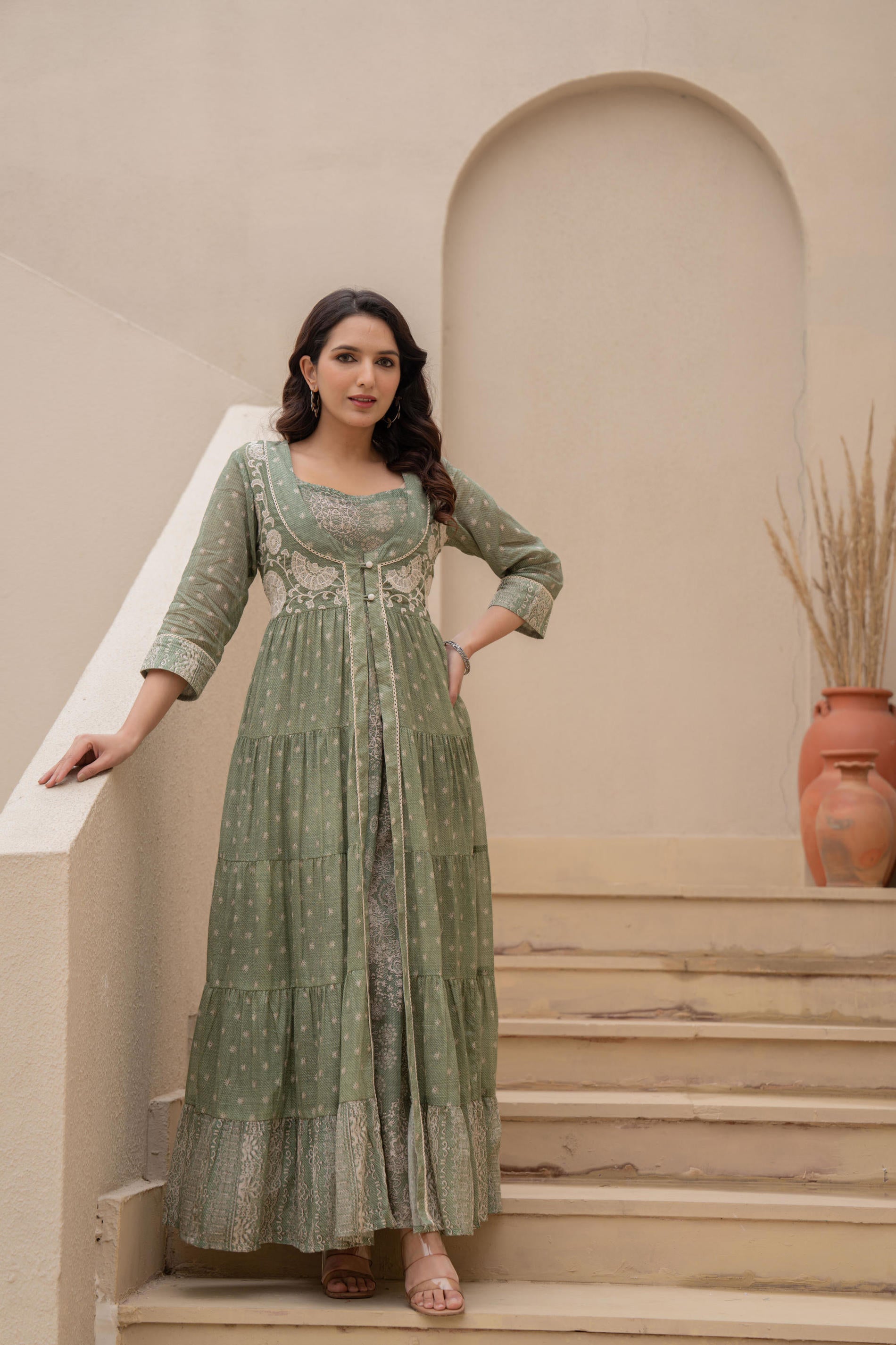 Juniper Sage Green Embroidered Flared Maxi Dress with Inner Slip and Button-Down Detailing