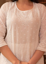 Thumbnail for Juniper White Cotton Mughal Printed Kurta with Gharara, Organza Dupatta, Mirror Work & Puff Print - Distacart